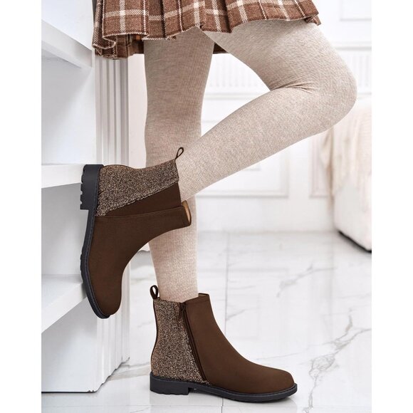 Girls Glitter Chocolate Ankle Boots Side Zipper Comfortable Chelsea Dress Boot - Picture 2 of 5